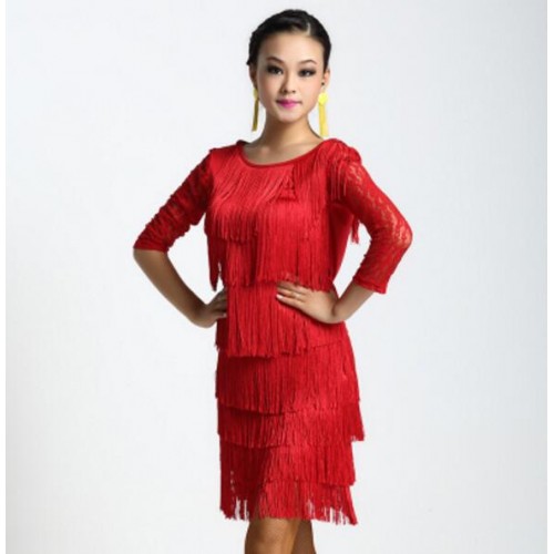 Latin dance clothes sexy top and skirt middle long sleeves latin dance dress women winter clothes latin stage wear tassel dress